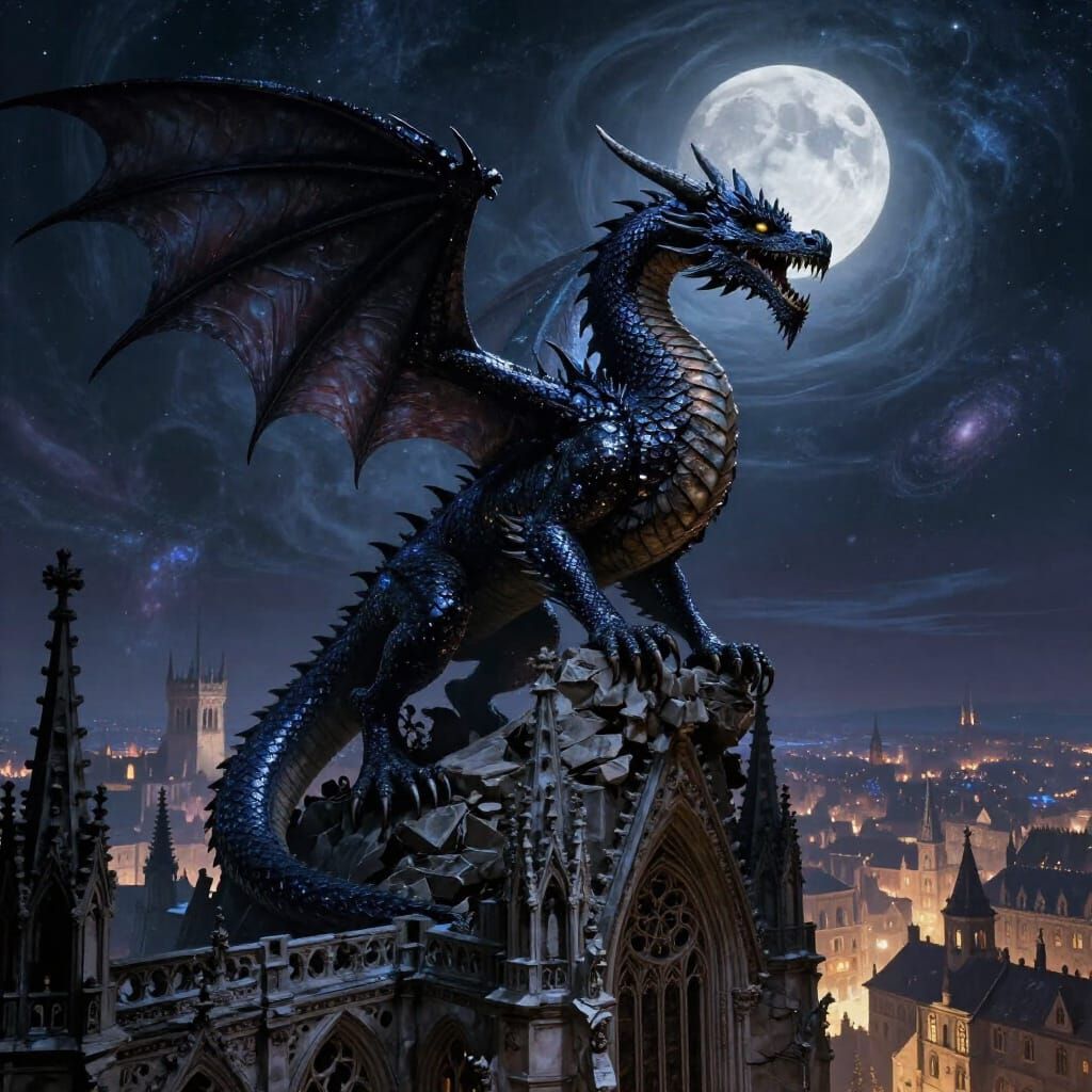 Majestic Ancient Dragon on Gothic Cathedral Spire