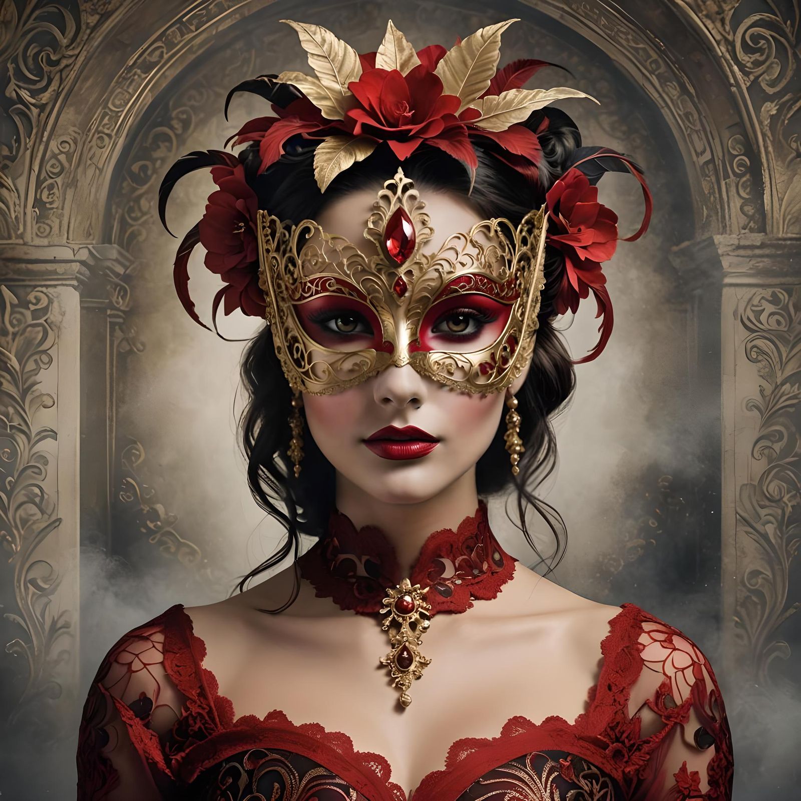 Mystical Woman in Venetian Mask, Watercolor Illustration