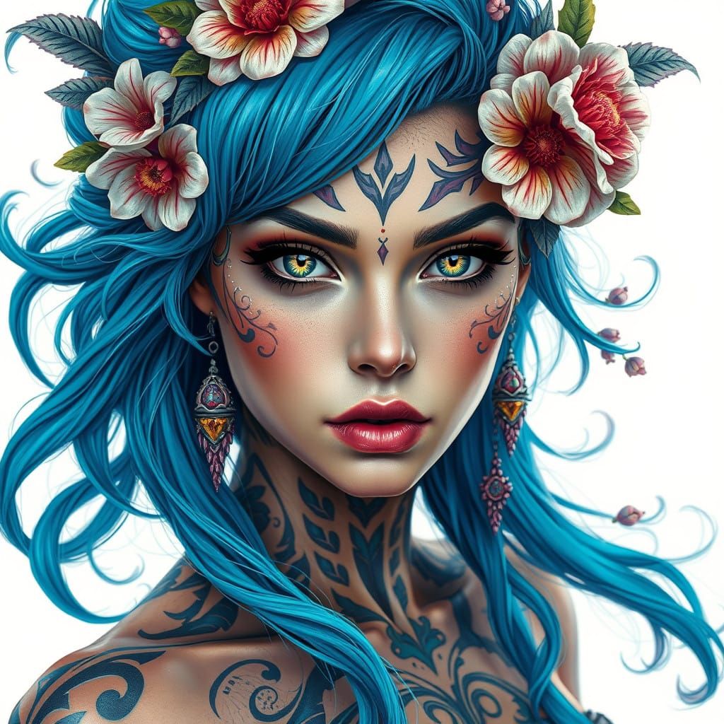 Fantastical Woman with Tribal Tattoos and Floral Decorations...