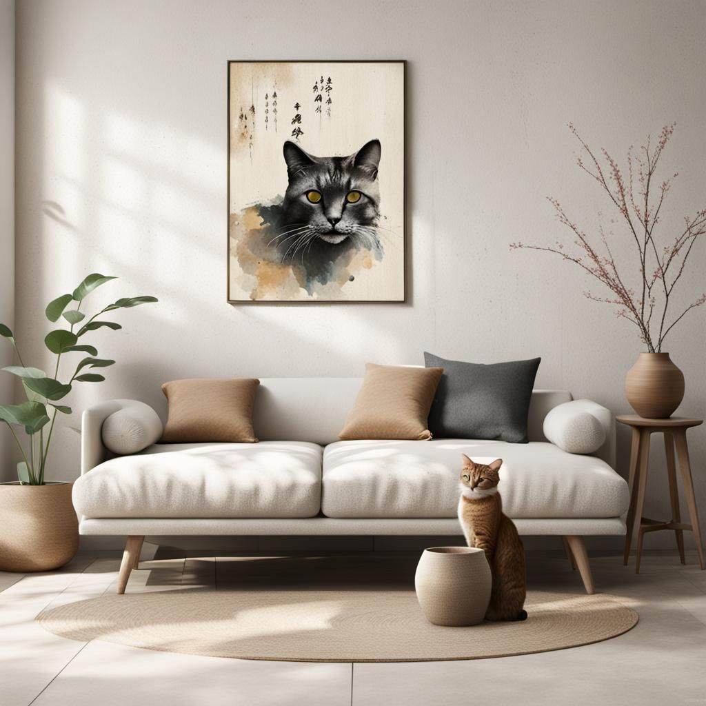 Wabi-Sabi Cat in Feng Shui, Digital Painting