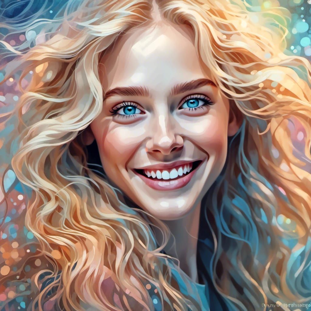 Joyful Blonde Woman: Double Exposure Digital Art