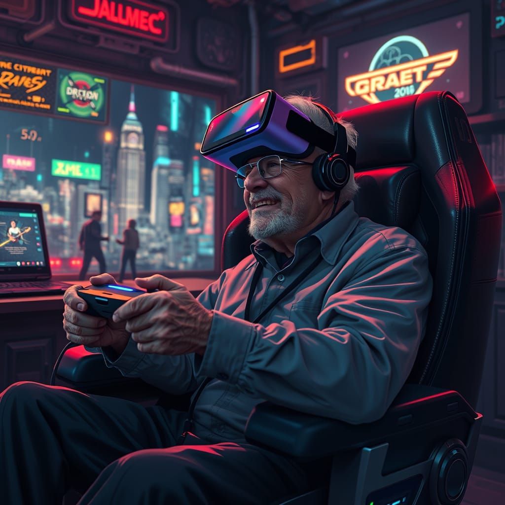 Elderly Gamer Immersed in Cyberpunk Virtual Reality