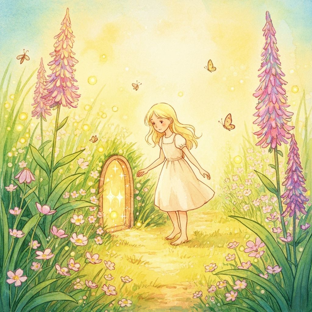 Girl Discovers Hidden Portal in Sunlit Meadow Watercolor