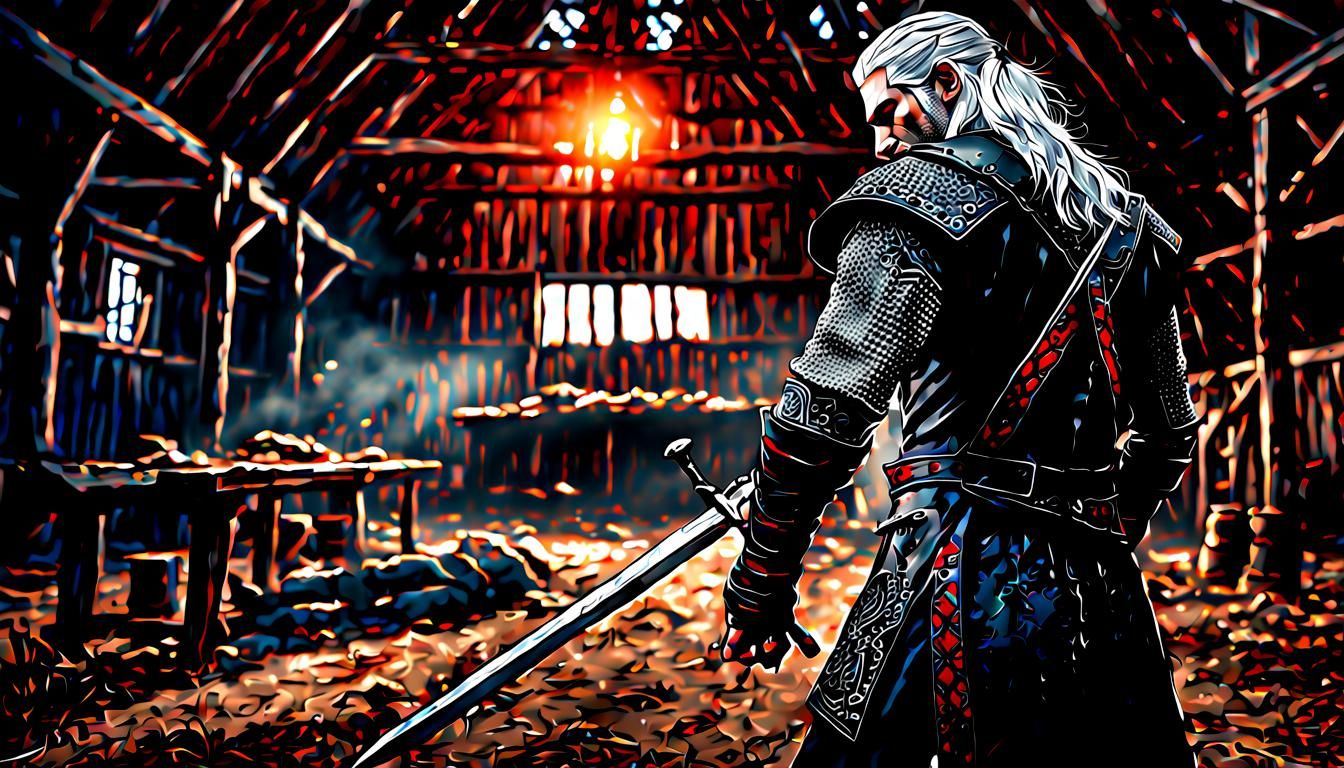 Witcher Slaying Vampire in Old Barn, Hyperrealistic