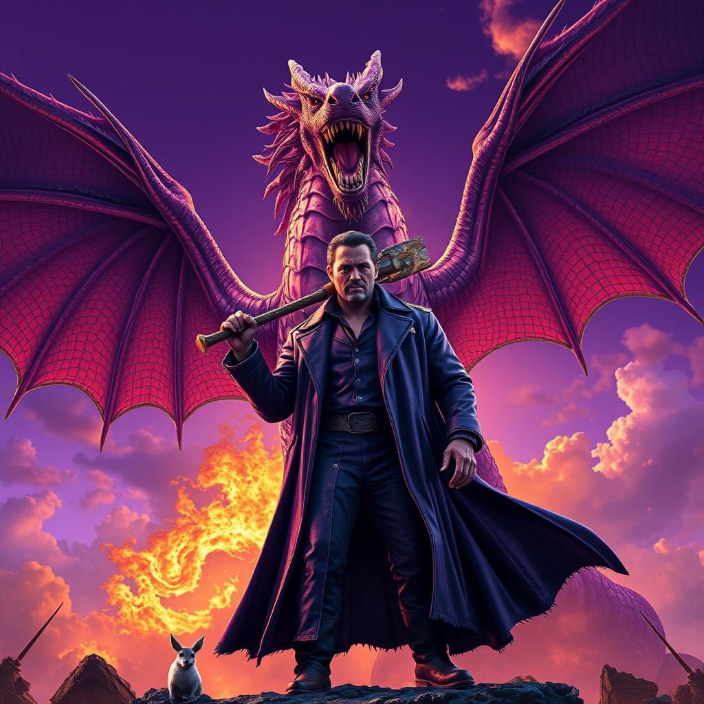 Regal Warrior Confronts Lavender Dragon in Epic Fantasy Art