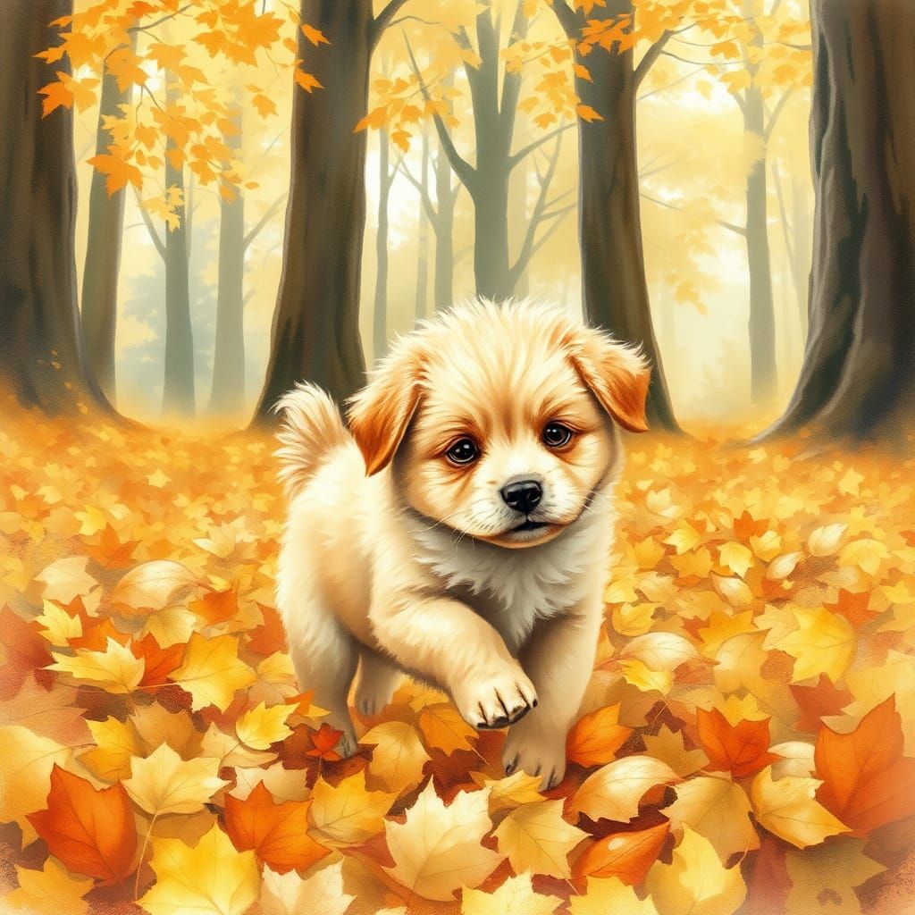 Puppy's Autumn Frolic in Watercolor Style