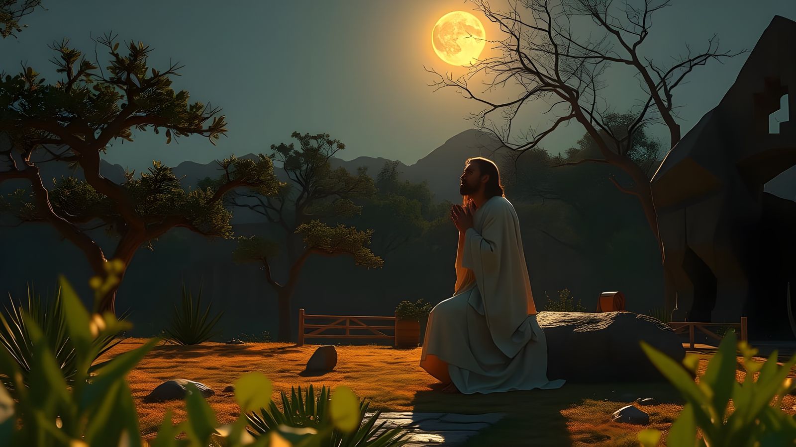 Jesus Kneeling in Gethsemane Garden at Night