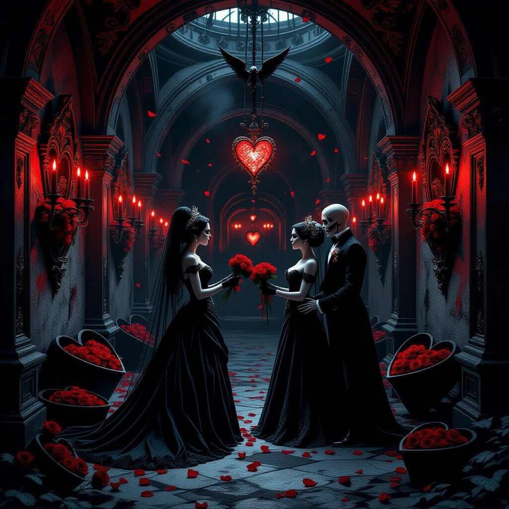 Gothic Crypt Romance with Skeletal Cupids