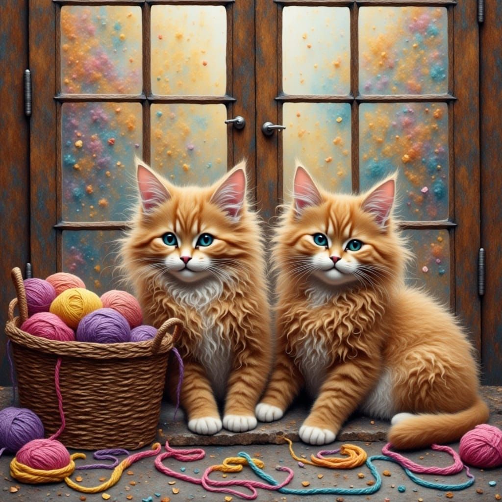 HDR, airbrushed, whimsical image of  soft-furred, ginger kit...