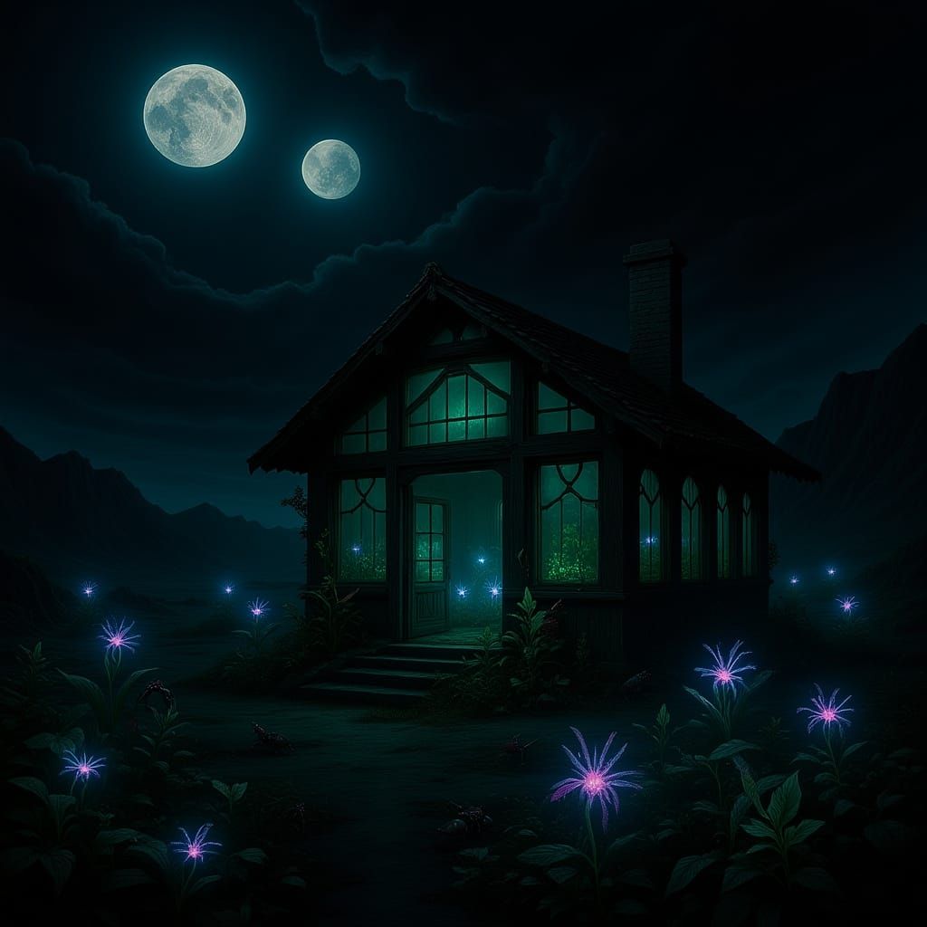 Bioluminescent Greenhouse in Alien Landscape