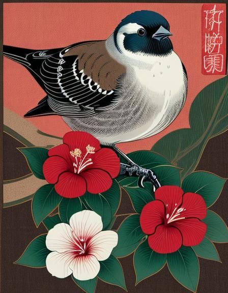 Ukiyo-e hibiscus and sparrow