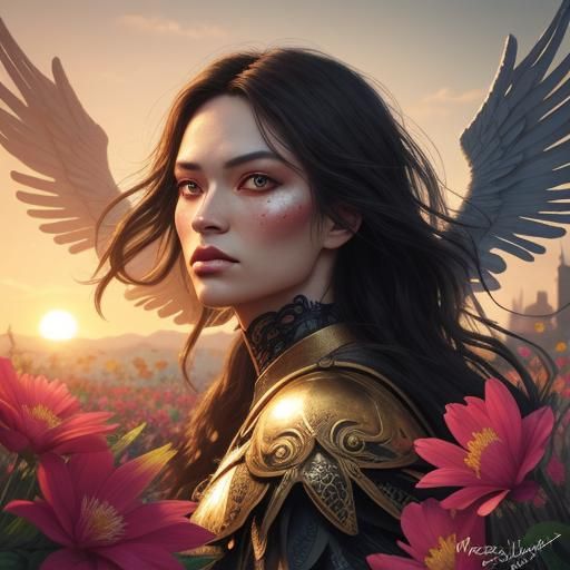 Dark Angel in Summer Garden: Hyperrealistic Concept Art