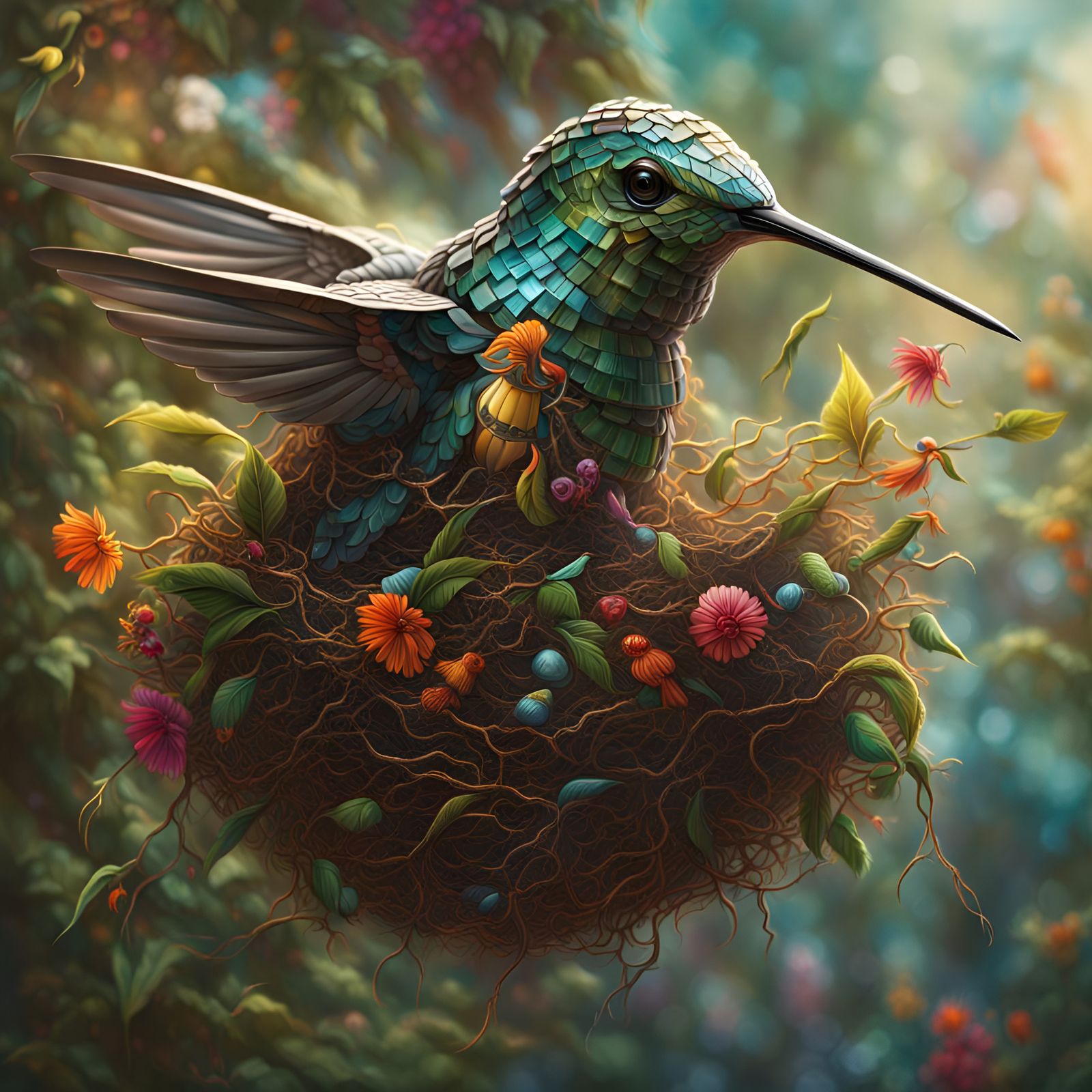 Robotic Hummingbird Nest: Hyperrealistic Concept Art