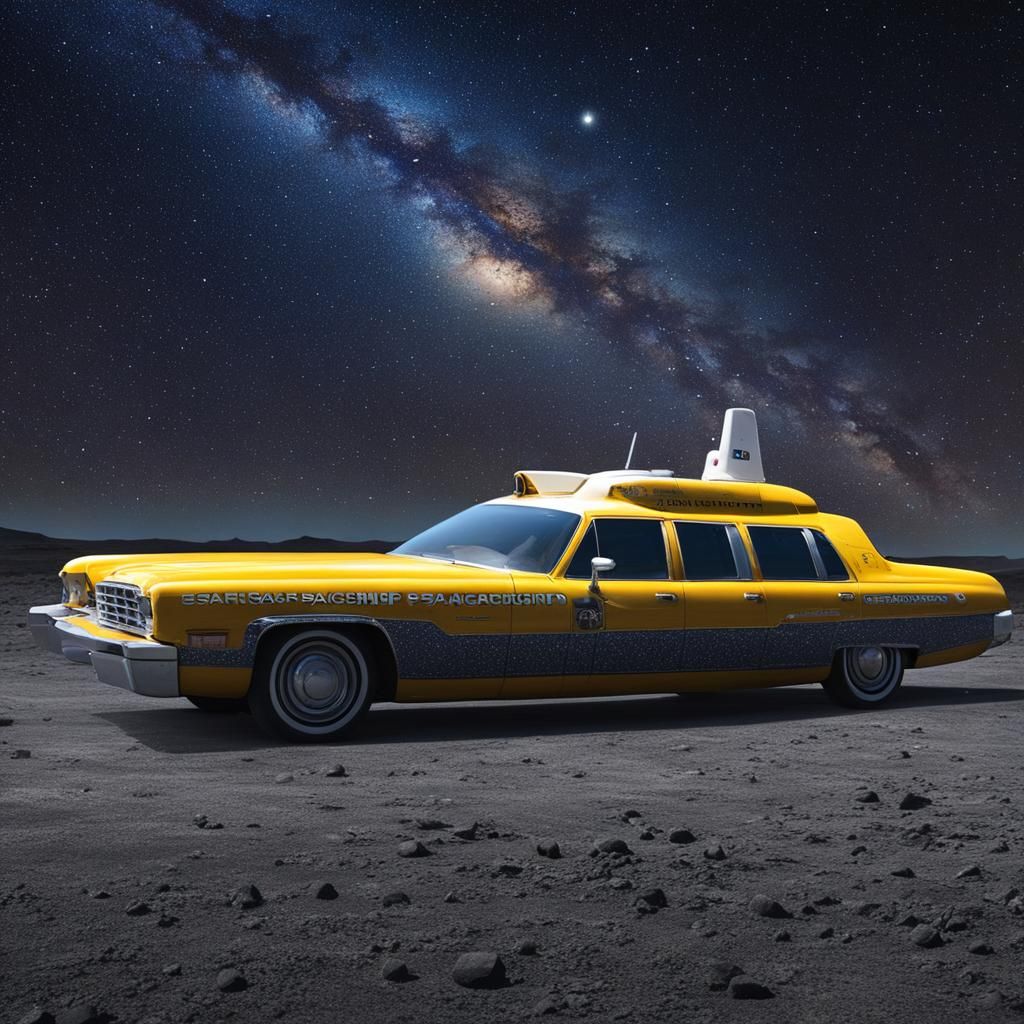 Yellow Cab Spaceship Rockets Through Starry Sky