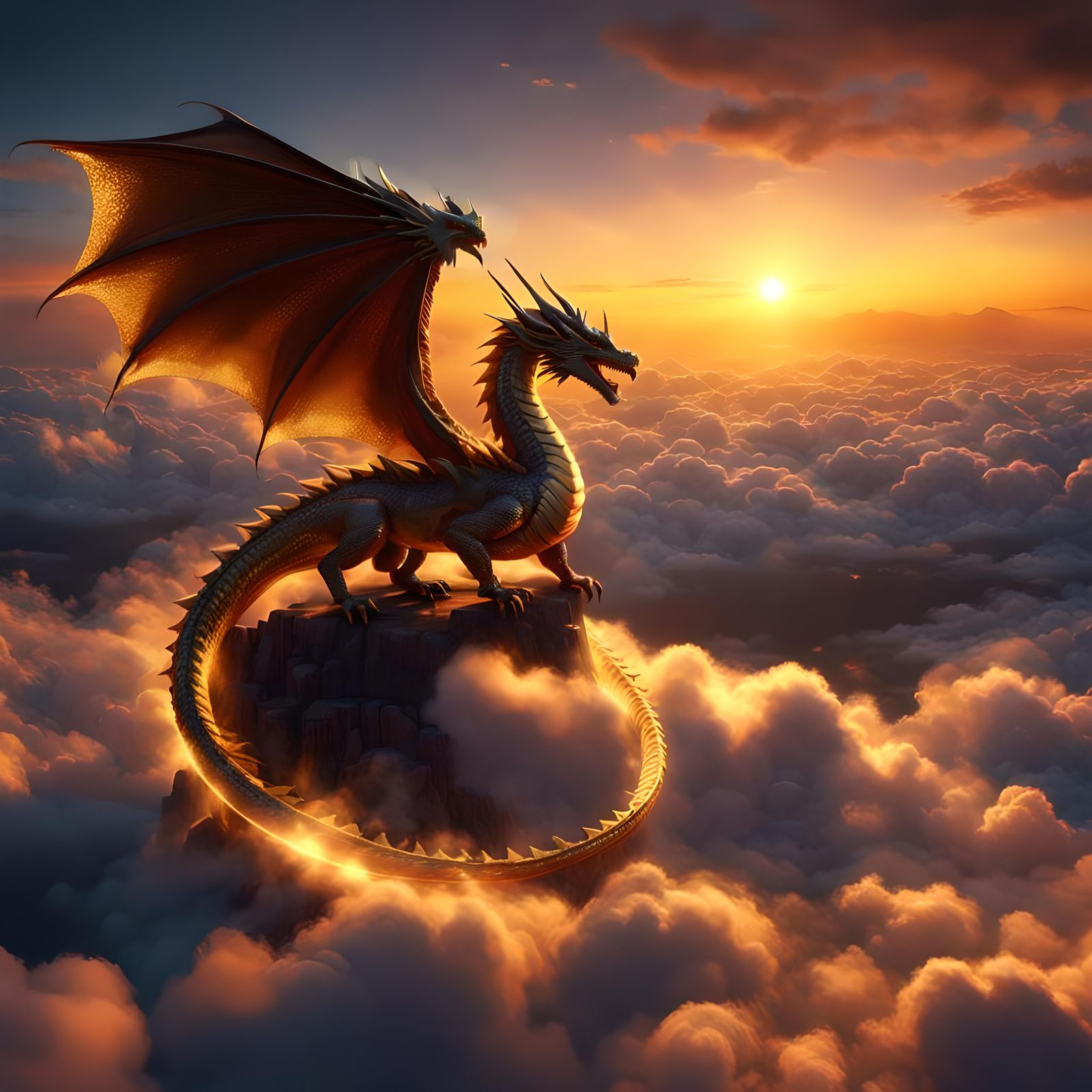 Mystical Dragon Soaring Above Golden Sunset Clouds