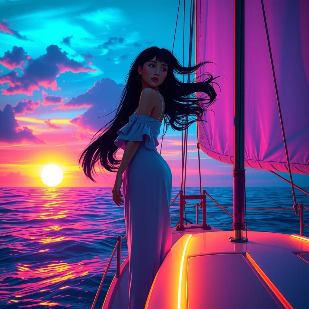 Neon Silhouette on Sailboat at Sunset