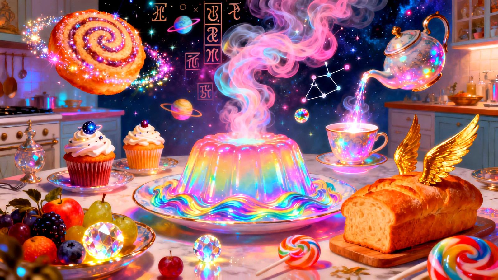 Cosmic Kitchen Feast: Magical Floating Pastries and Galaxy C...