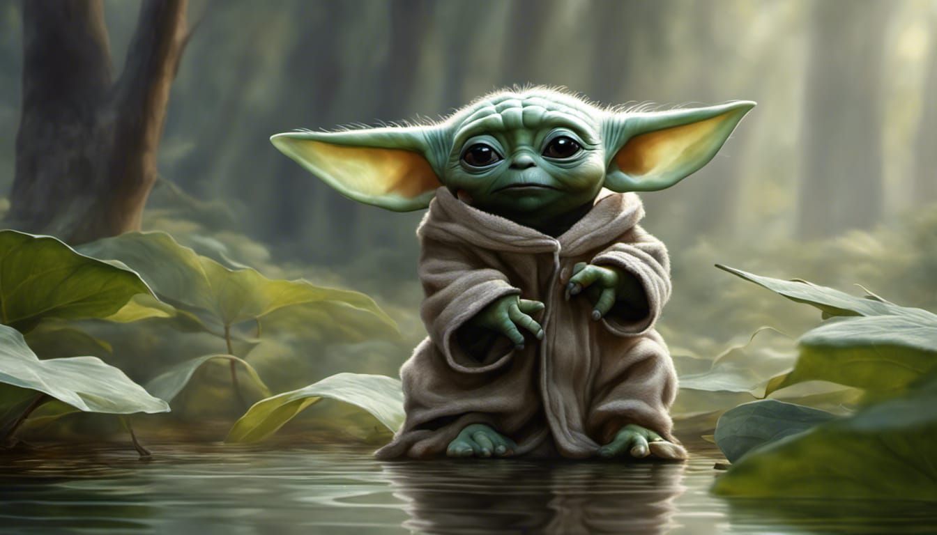 Hyperrealistic Oil Painting of Baby Yoda on Leaf