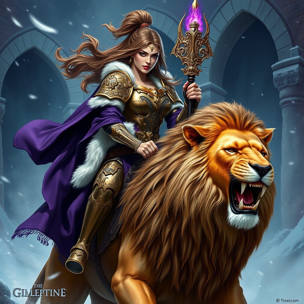 Majestic Female Warrior on a Lion in a Snowy Fantasy Landsca...