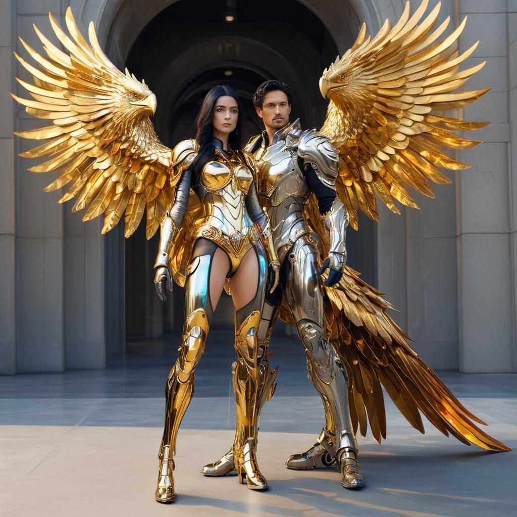 Elegant Woman and Clockwork Griffin in Futuristic Armor