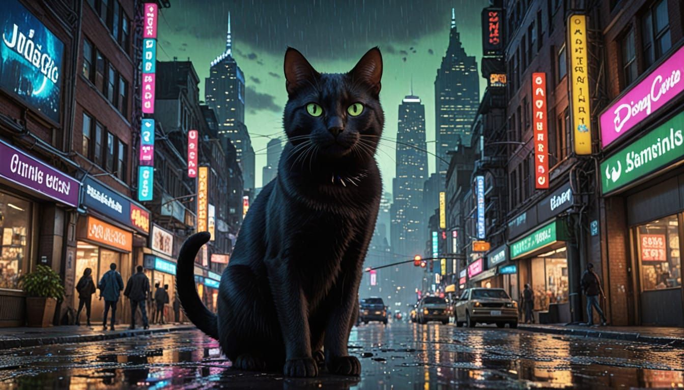 Cyberpunk City Nightscape with Confident Black Feline
