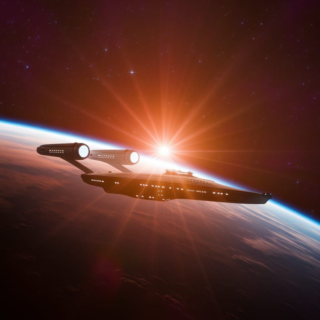 USS Enterprise Orbiting Earth at Sunset