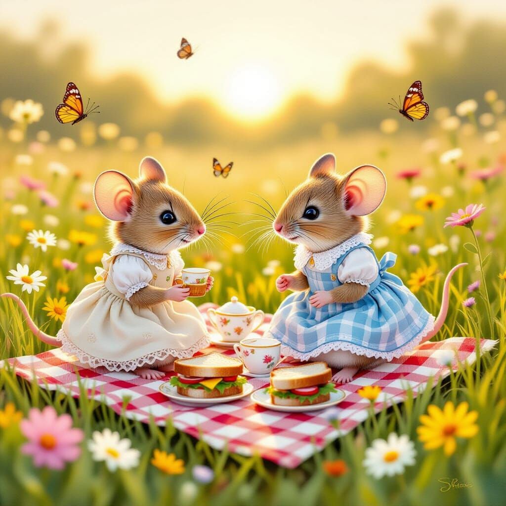 Mouse Family Picnic in a Flower Meadow