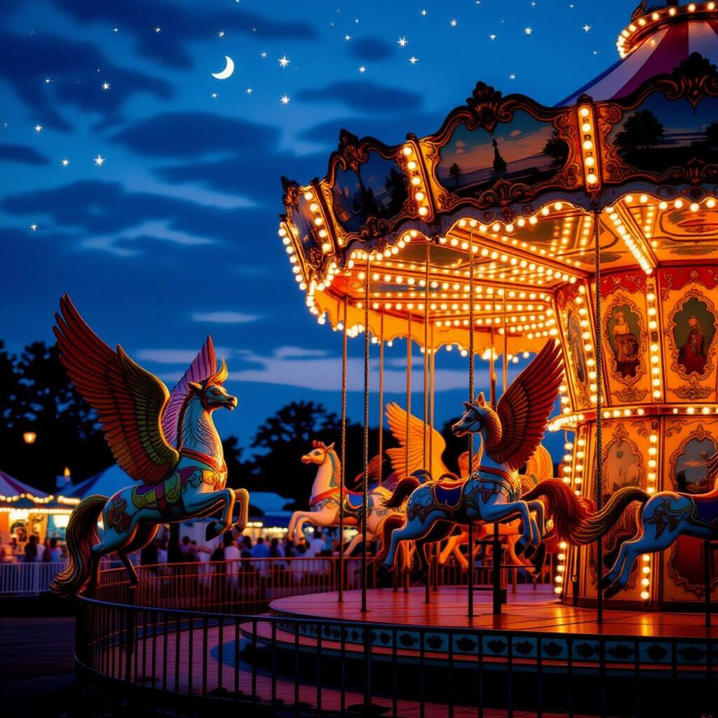 Mythical Carousel at Twilight Carnival as Americana Illustra...