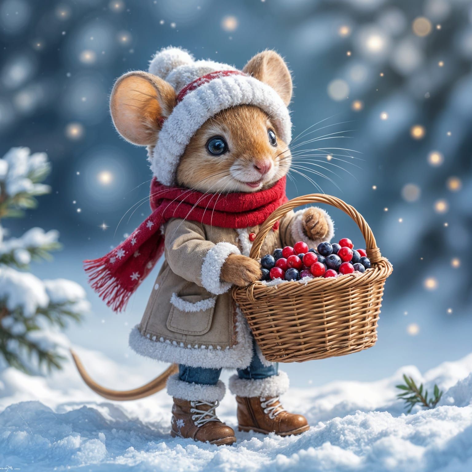 Cute Winter Mouse in Cosy Coat with Berry Basket