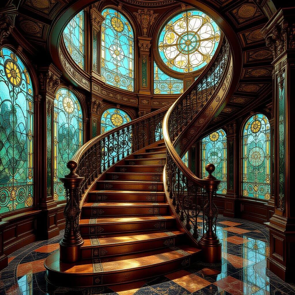 Steampunk Staircase to Nowhere in Art Nouveau Style