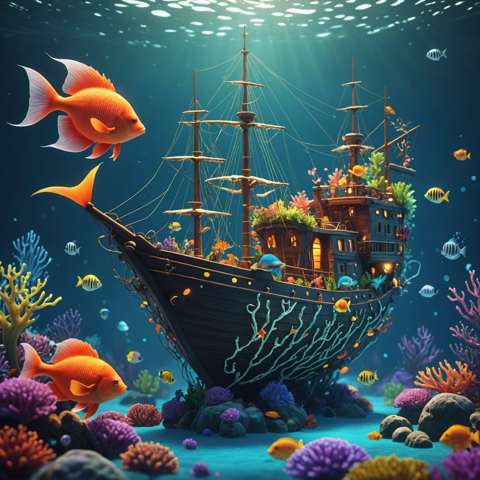 Sunken Shipwreck with Mermaids in Lightwave 3D