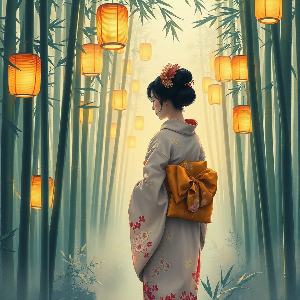 Geisha in Bamboo Forest: Woodblock Print Style