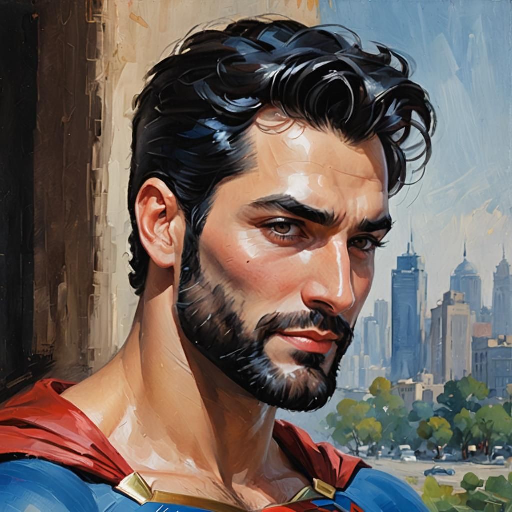 Iranian Superman Portrait in Impressionist Oil Painting Styl...