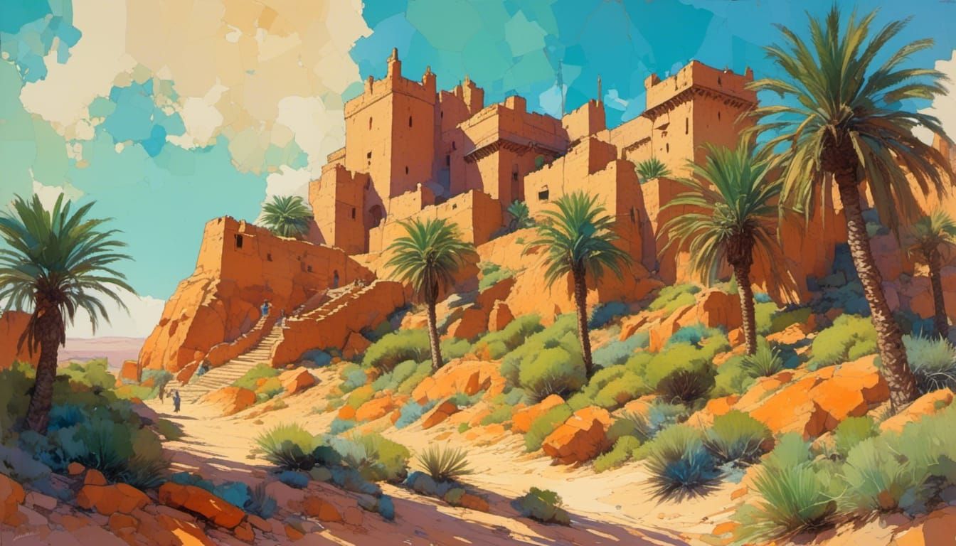 Algerian Oasis Fort in Vibrant Triadic Colors