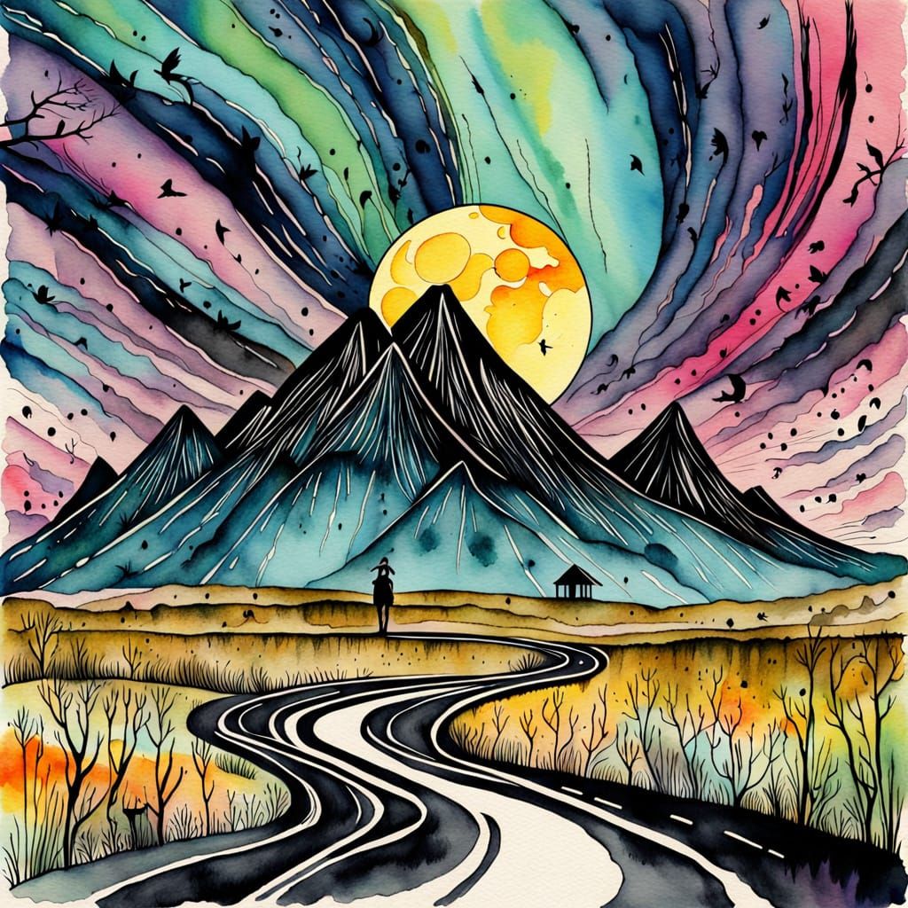 Quirky Creature Walks on Moonlit Highway as Watercolor