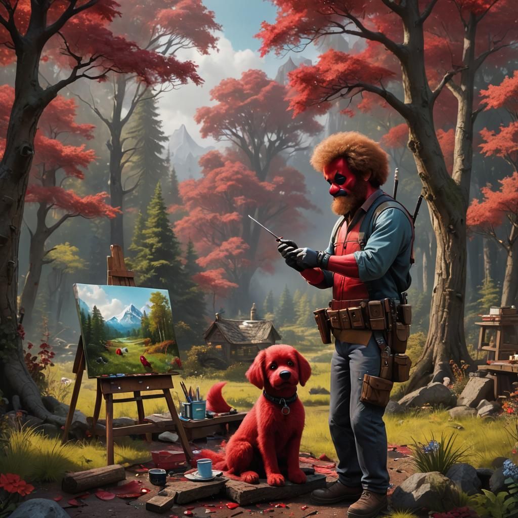 Deadpool as Bob Ross Painting Clifford: Detailed Matte Paint...