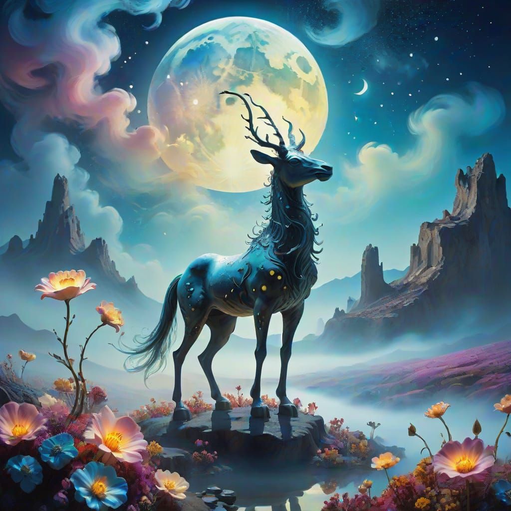 Mystical Creature on Moonscape in Surreal Impressionism