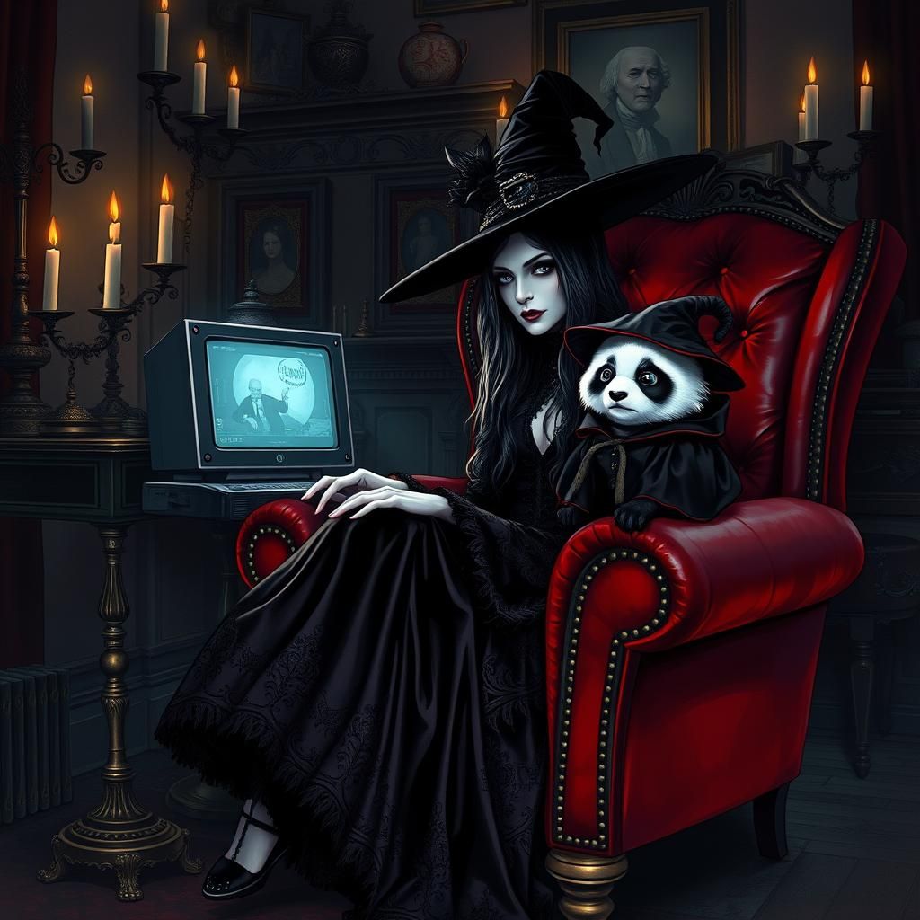 Gothic Witch Gaming with Panda in Victorian Study