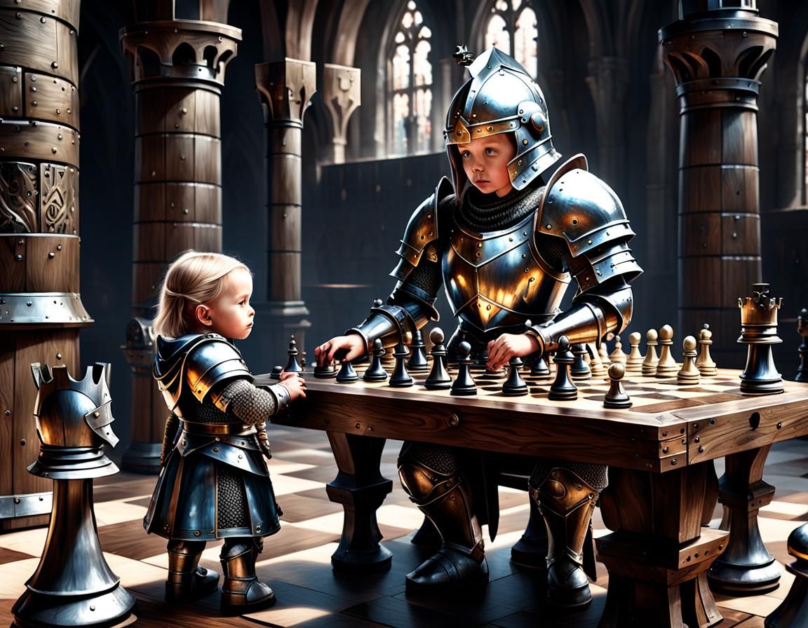 Toddler Knight Plays Chess: Dark Fantasy Concept Art