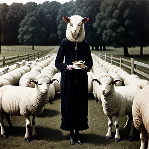 Vintage Monster Feeds Sheep in Photorealistic Style