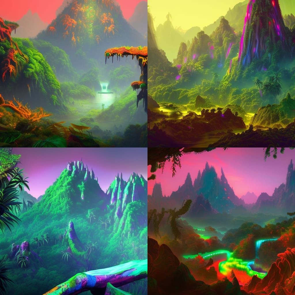 Vivid Neon Mountain Jungle Concept Art