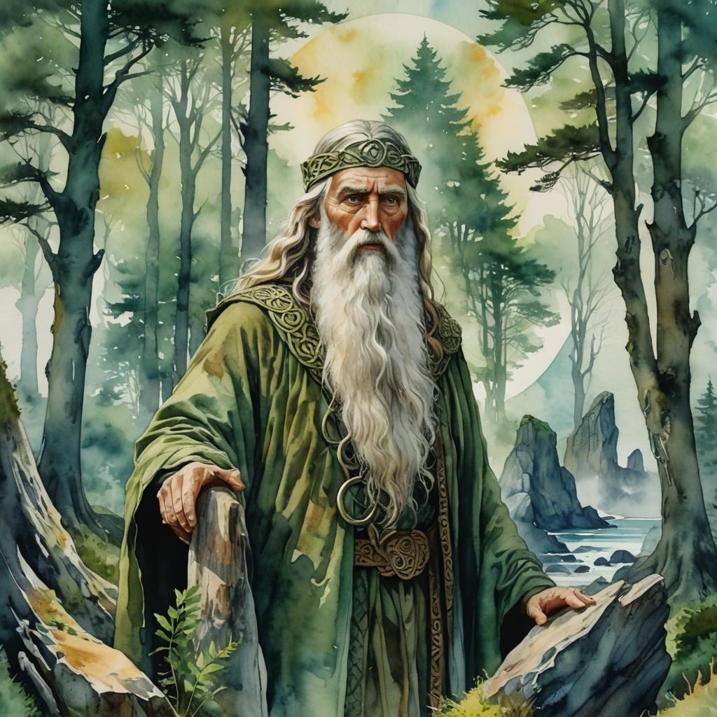 Celtic Druid Overlooking Ocean: Watercolor Double Exposure