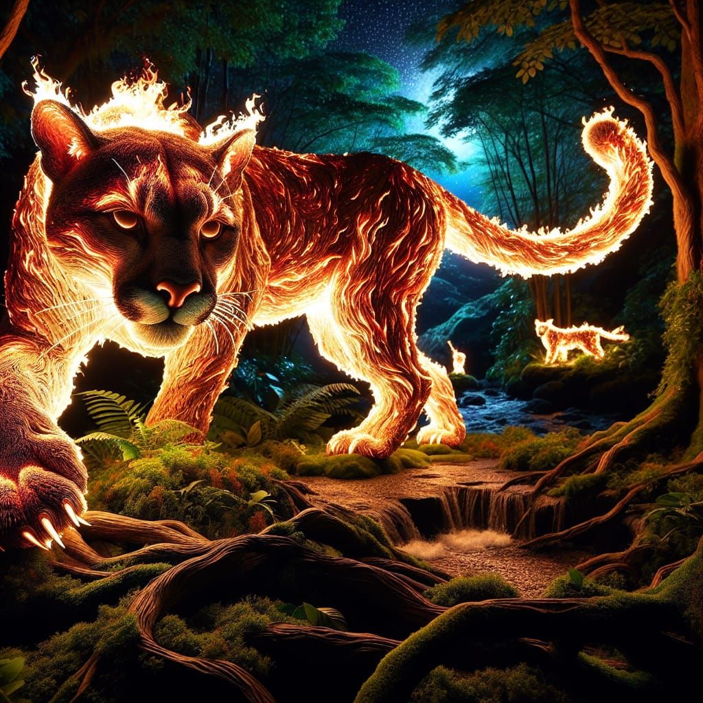 Fiery Cougar Prowls Through Rainforest at Night