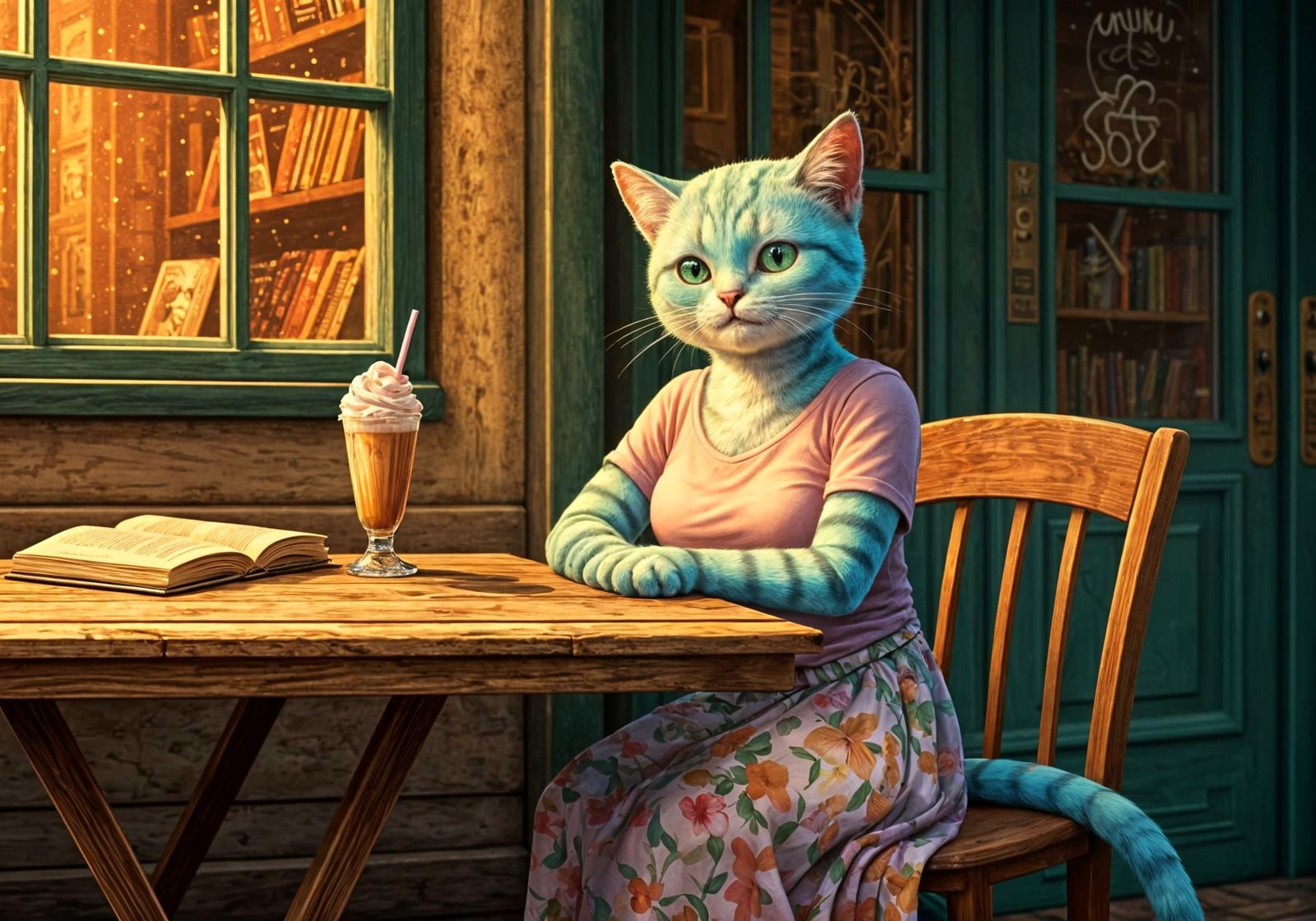 Whimsical Alien Feline at a Vintage Bookstore Cafe