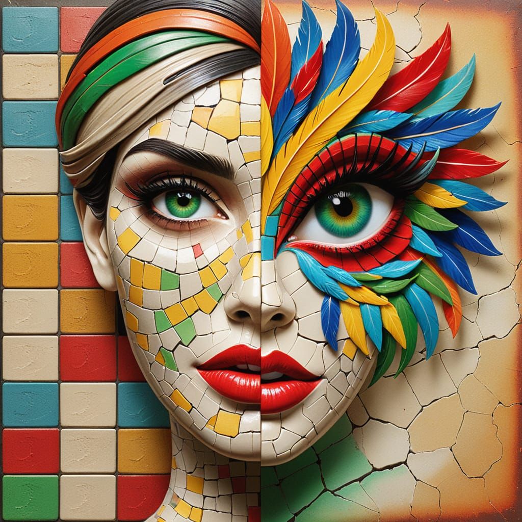 Split-Face Mosaic Portrait in Earthy and Vibrant Tones