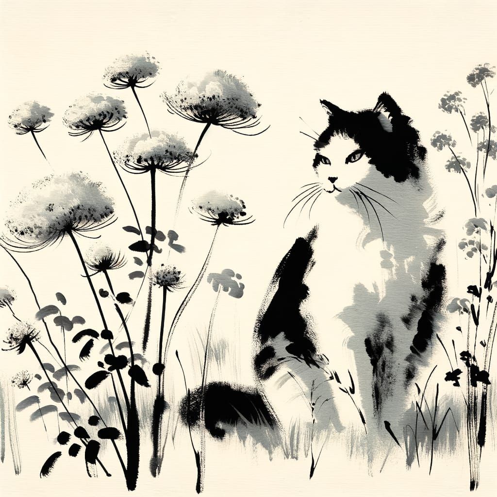Minimalist Sumi-e Painting of Aloof Cat with Wildflowers