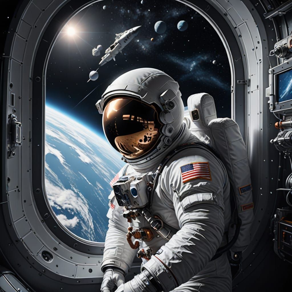 Realistic Rocketship in Orbit with Astronaut