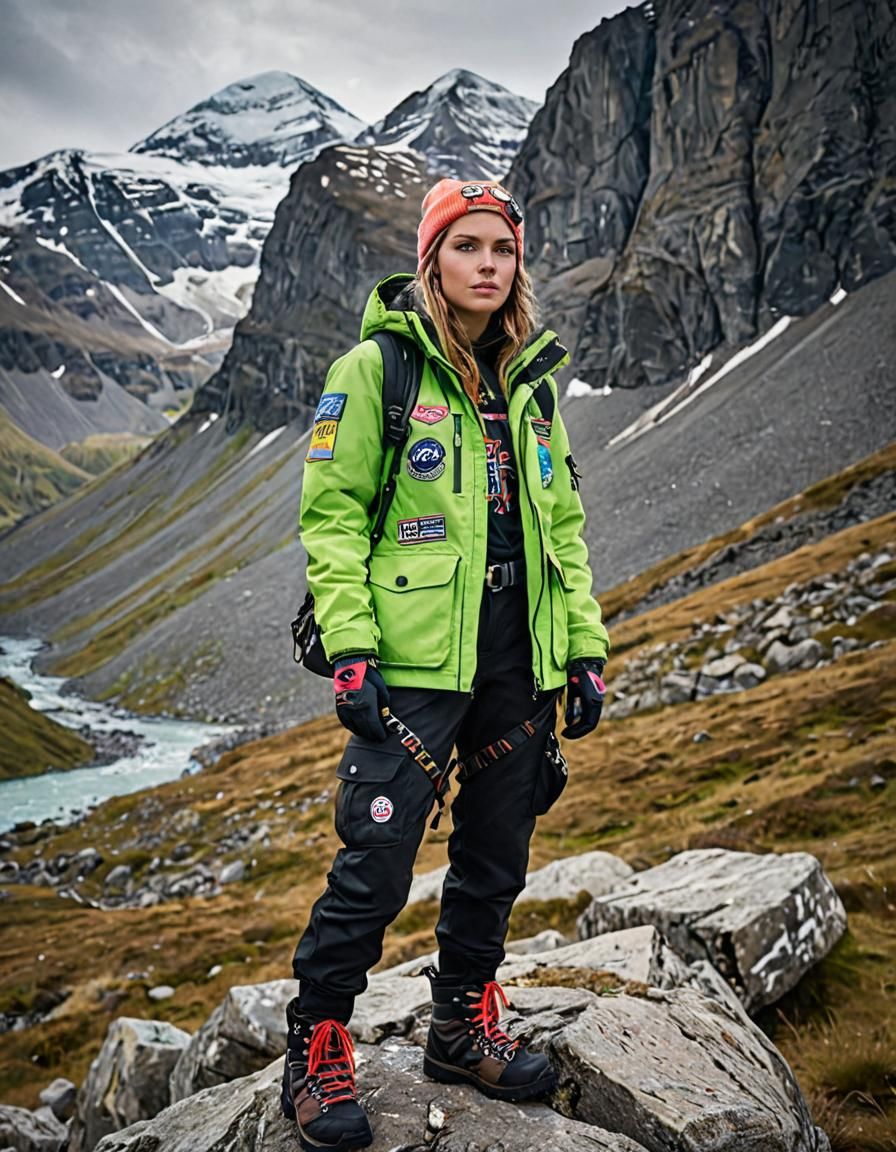 Naturepunk Adventurer in Mountains: Pop Art Sketch