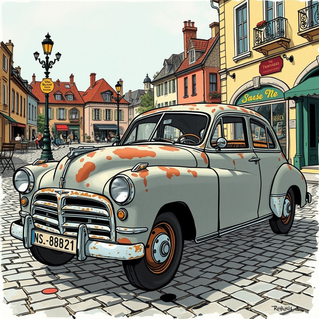 Vintage Car in Ronald Searle's Expressive Style