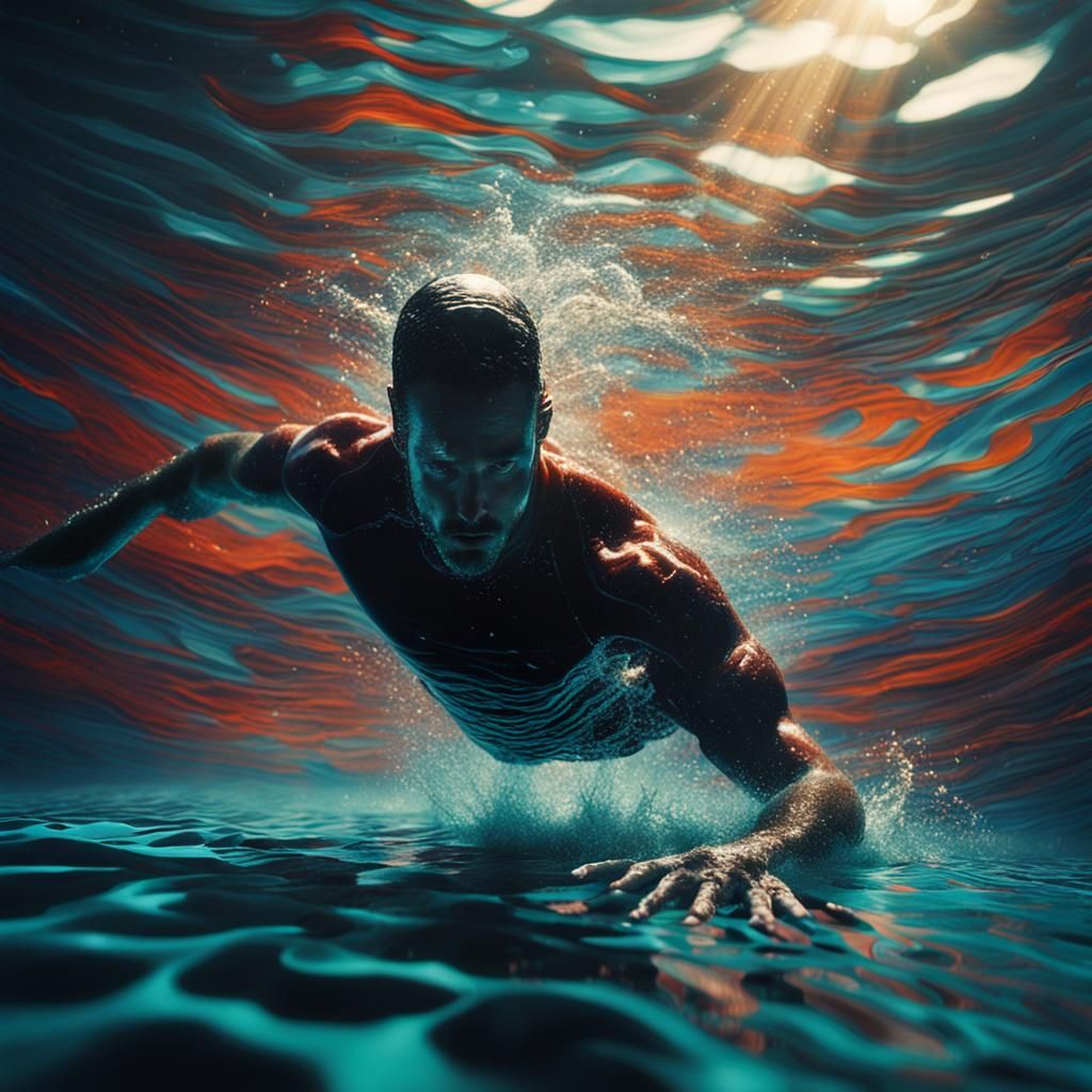 Surrealist Swimmer in Air, Cinematic Still